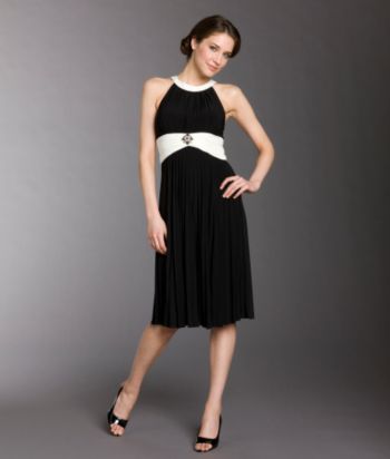 Jessica Howard Petites' Sleeveless Ruched Waist Jewel-front Dress - Black/Ivory