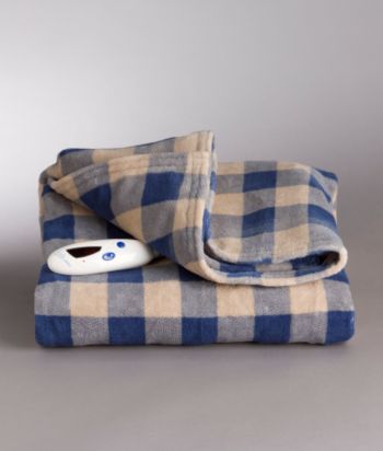 LivingQuarters Electric Fleece Throw - Navy/Tan Blocks