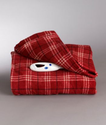 LivingQuarters Electric Fleece Throw - Red/Tan Plaid Stripe