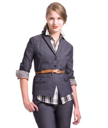 Liz Claiborne New York Stretch Denim Shrunken Belted Blazer - Midnight Navy