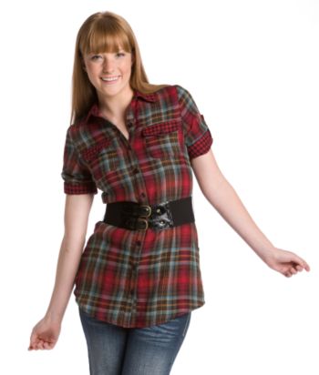 Miken Juniors' Short Sleeve Belted Plaid Tunic