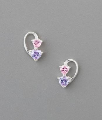 Sterling Silver Heart Cubic Zirconia Earrings - Pink/Lavender