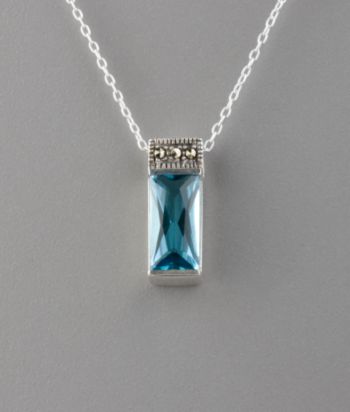 Sterling Silver Marcasite Rectangle Pendant - Aqua Glass