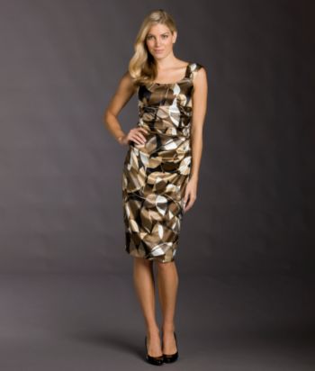 London Times® Petites' Stretch Satin Leaf-print Dress - Neutral Multi