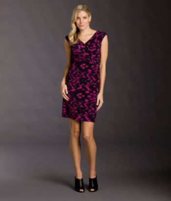 London Times® Petites' Ikat-print Shutter Pleat Dress - Black/Magenta