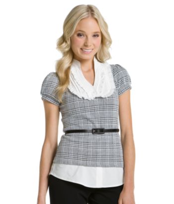 Sequin Hearts Juniors' Layered-look Plaid Sweater Top - Black/White