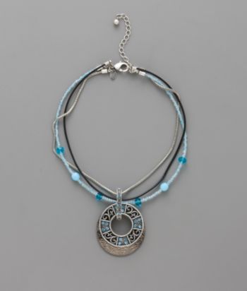 Laura Ashley® Three Row Mixed Necklace Circle Pendant - Hematite/Blue/Black