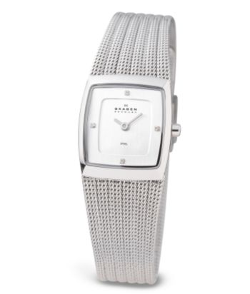 Skagen Denmark Square Face Rippled Silver Mesh Strap Watch