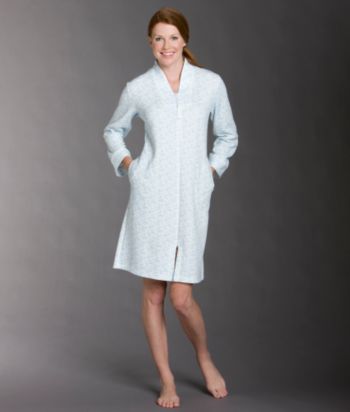 Miss Elaine® Silky Knit Short Robe - Blue/Ivory Floral