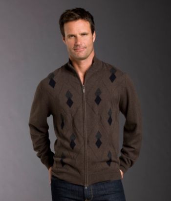 Kenneth Roberts Platinum® Men's Full Zip Argyle Sweater - Taupe