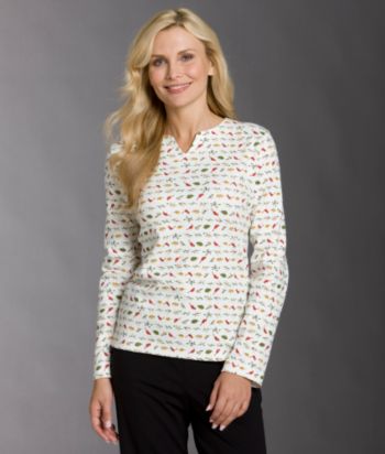 Breckenridge® Petites' Bird & Twig Printed Splitneck Knit Tee - Basic Cream