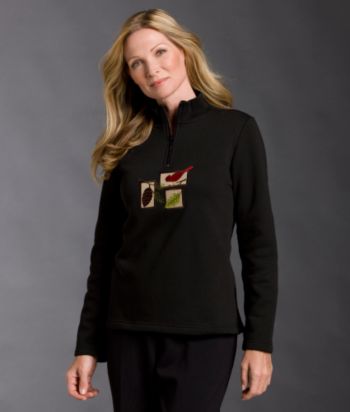 Breckenridge® Petites' &frac14;-zip Bird & Leaf Applique Fleece Top - Midnight Black