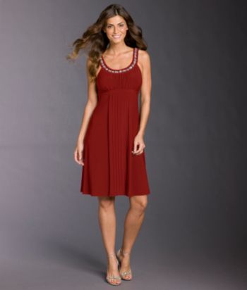 Sangria Petites' Pleat-front Rhinestone Scoopneck Dress - Red