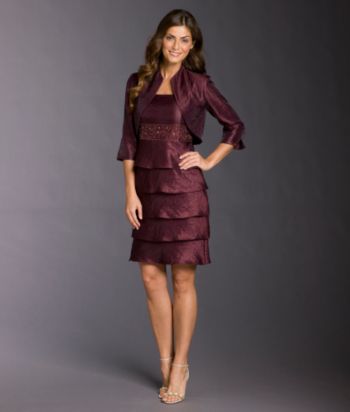 R & M Richards Petites' 2-pc. Shimmer Bolero & Shutter Pleat Dress - Wine