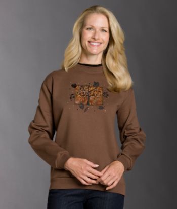 Morning Sun® Jeweled Autumn Tree Applique Fleece Sweatshirt - Chocolate