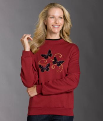 Morning Sun® Velvet Butterflies Applique Fleece Sweatshirt - Cardinal