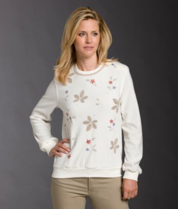 Alfred Dunner® Petites' Leaf Applique Fleece Top - Ivory