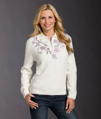 Alfred Dunner® Petites' Floral Embroidered Chenille Sweater - Ivory