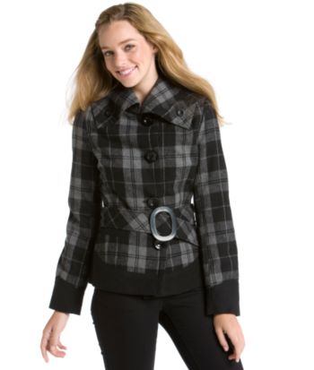 Joujou® Juniors' Belted Wool Jacket - Black/Gray Plaid