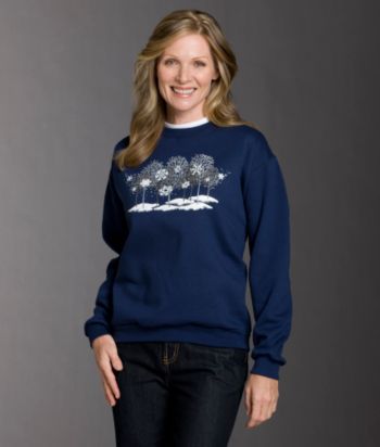 Morning Sun® Petites' Jewel Snowflakes & Glittering Trees Applique Fleece Top - Navy
