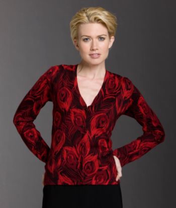 Jones New York Signature® Petites' Peacock-print V-neck Cardigan Sweater