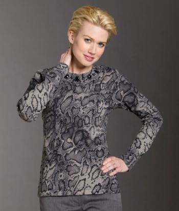 Jones New York Signature® Petites' Snakeskin Beaded Boatneck Sweater - Black/Gray Combo
