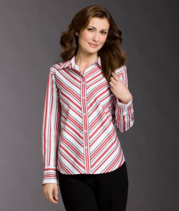 Jones New York Signature® Petites' Bias Striped Woven Shirt - White/Black/Candy Red