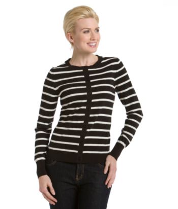 Liz Claiborne New York Petites' Striped Crewneck Cardigan Sweater
