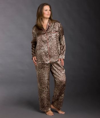 Chanteuse Plus Size Satin Pajama Set - Gold Leopard
