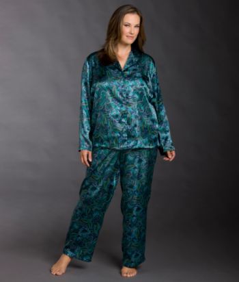 Chanteuse Plus Size Satin Pajama Set - Teal Paisley