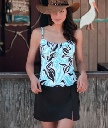 Caribbean Joe® Leaf-print Peasant Tankini Swimwear Top - Brown