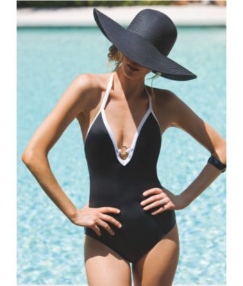 Leilani Solid Piped Plunge V-neck Swimsuit - Black