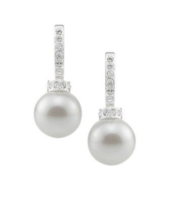 Carolee® Pave Crystal Half Hoop White Pearl Earrings - Silvertone