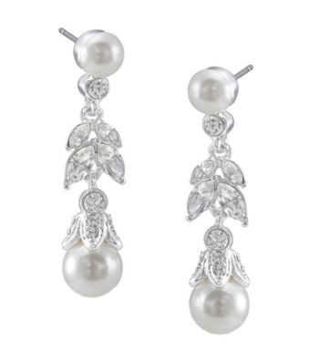 Carolee® Crystal & Pearl Leaf Accent Linear Earrings - Silvertone/White