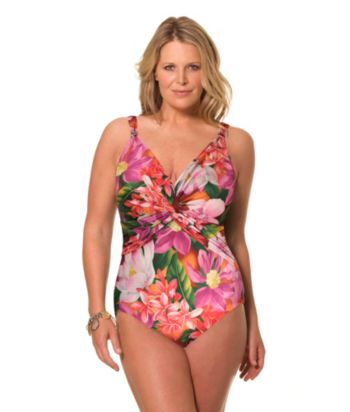 Miraclesuit® Plus Size Pandora Floral Twist-front Maillot Swimsuit - Pink