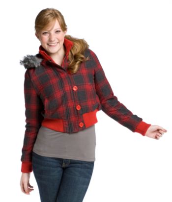 Joujou® Juniors' Cropped Faux-fur Trim Hooded Plaid Jacket - Red/Gray