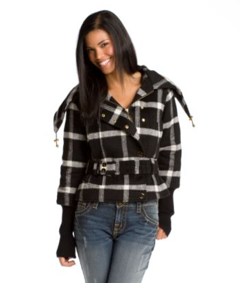 Baby Phat® Juniors' Plaid Asymmetrical Wool Jacket - Black/White