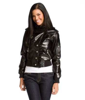 Dereon Juniors' Ruffle Faux-leather Jacket - Black