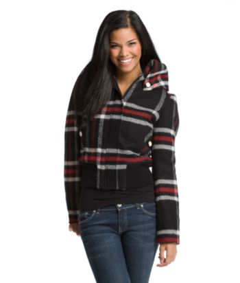 Baby Phat® Juniors' Zip-front Wool Jacket - Black Plaid
