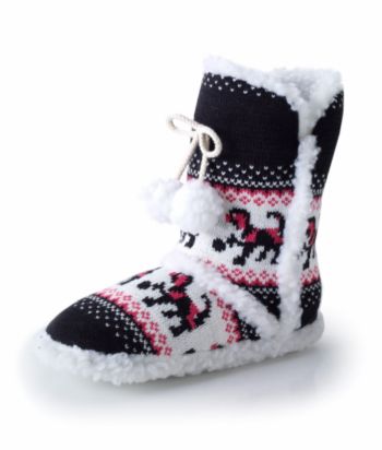 Jesco Juniors' Puppy-print Slipper Boots - Black/White/Pink