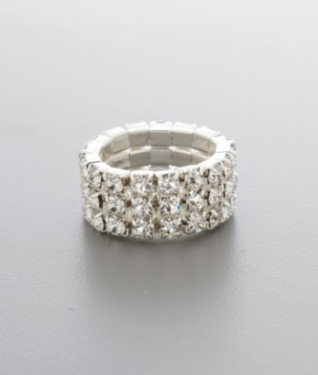 Social Occasion Triple Row Stretch Ring - Silvertone/Clear Crystal