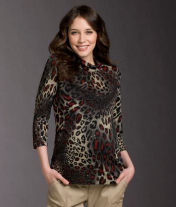 Three Seasons Maternity Animal-print Mock-turtleneck Top - Gray/Red
