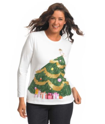 Liz Claiborne New York Plus Size Isaac Mizrahi Sketch Holiday Tee - White Multi