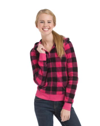 Grane® Juniors' Buffalo Plaid Plush Hoodie - Black/Jewel Pink