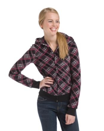 Grane® Juniors' Plaid Plush Hoodie - Black/Pink