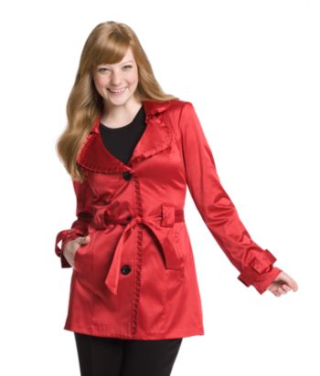 A. Byer Juniors' Solid Sateen Ruffle-front Trench Coat - Red