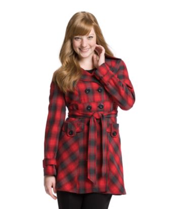 Sequin Hearts Juniors' Plaid Trench Coat - Red/Gray