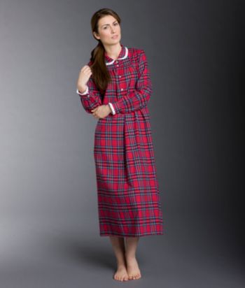 Lanz Long Sleeve Button-Down Gown - Red Plaid