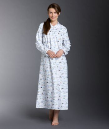 Lanz Long Sleeve Button-Down Gown - White Novelty Puppy