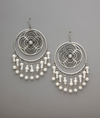Erica Lyons Soft Silver Large Cut Out Disc Pearl Drop Earrings
